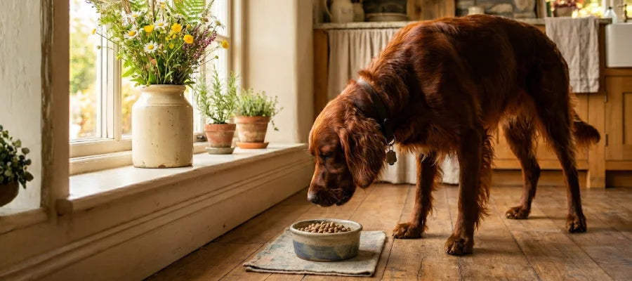 Irish setter eating Nádúr dog food from a bowl by a window
